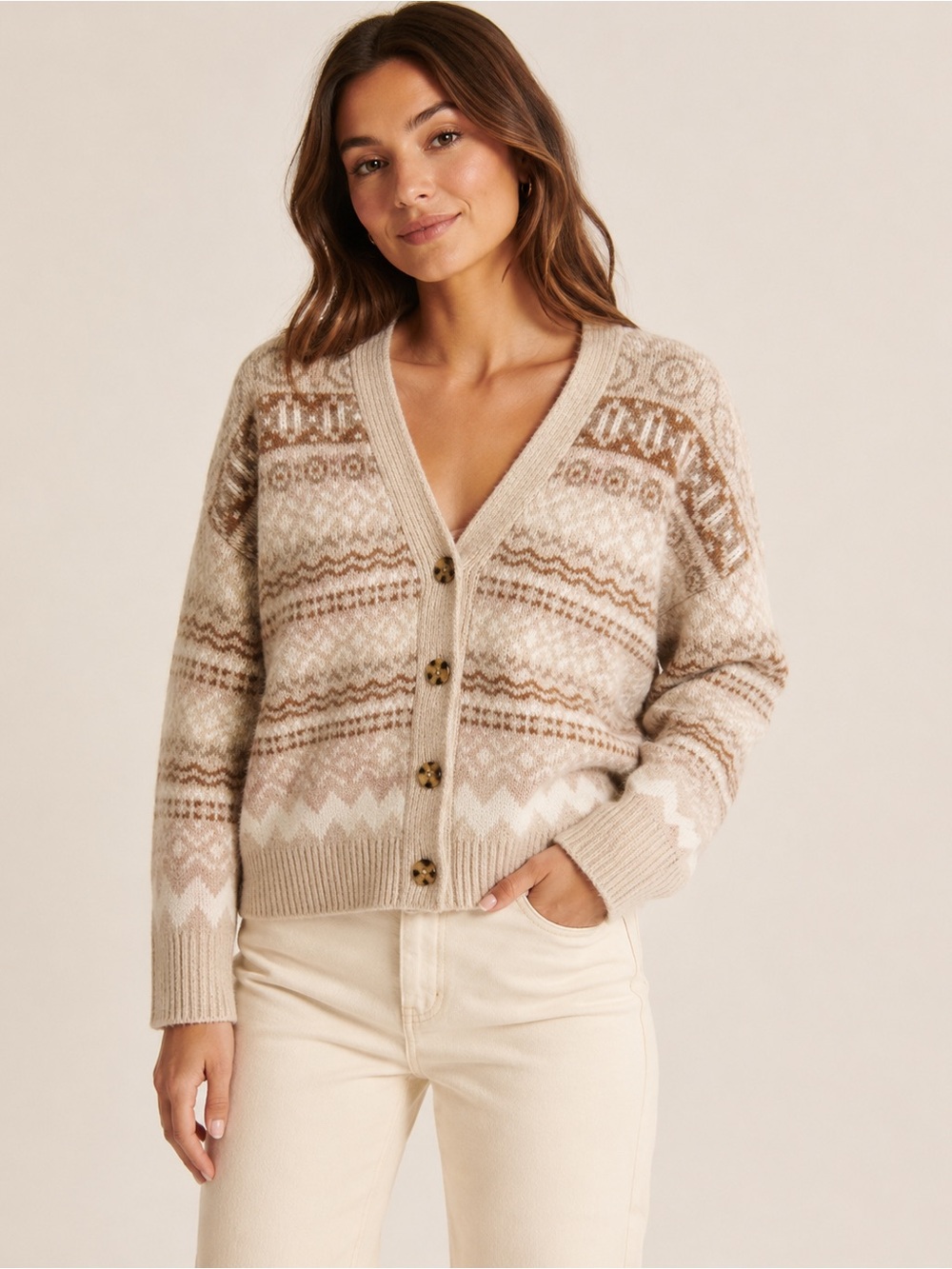 cupcakes & cashmere Neutral Fair Isle V-Neck Cardigan - Beige & Cream